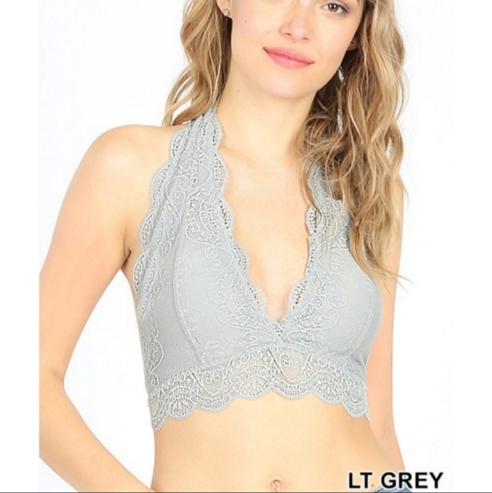 Zenana Outfitters Scalloped Lace Halter Neck Padded Bra  Light Grey